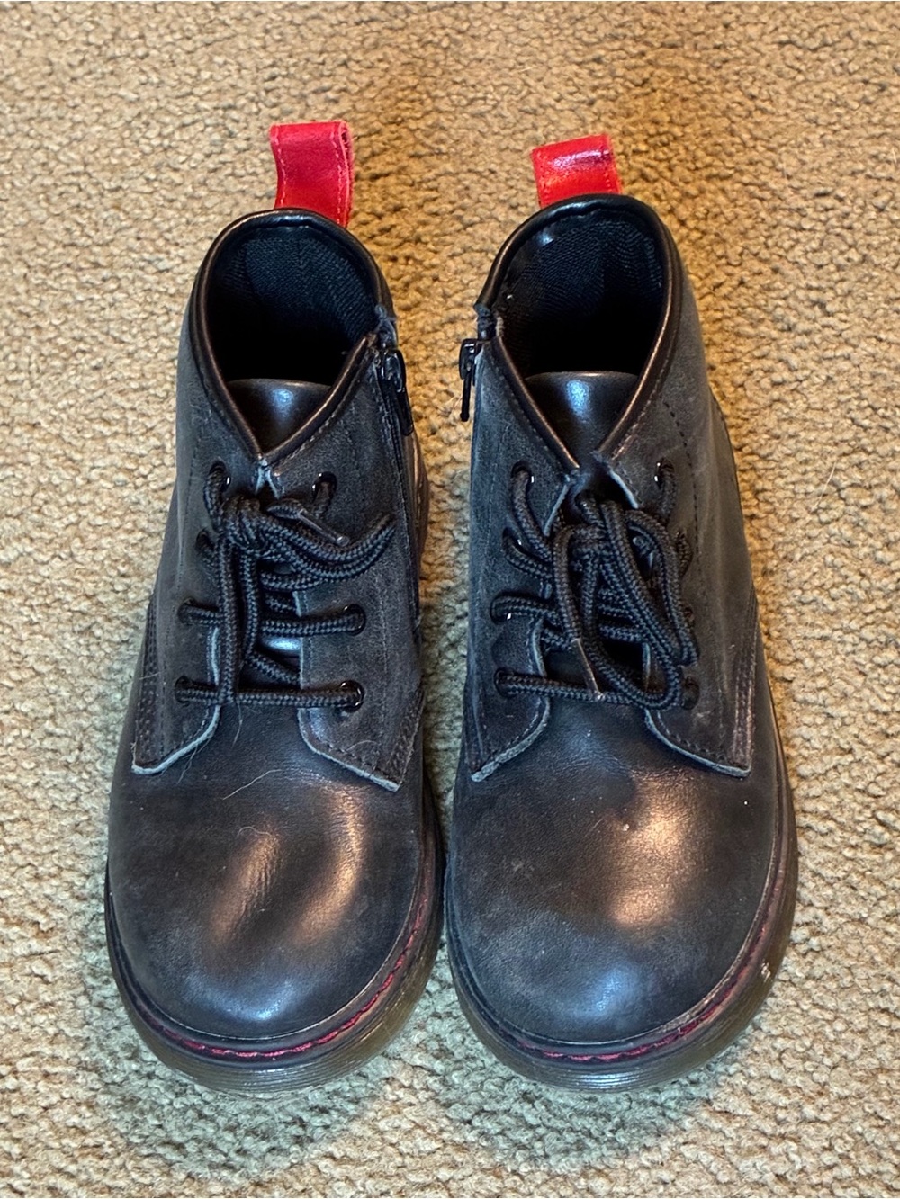 Kids Piper Finn Black Leather Lace-Up Ankle Boots with Red Pull Tab Size 12